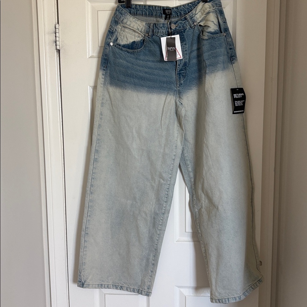 Boohooman Blue and White Gradient Wide Leg Jeans